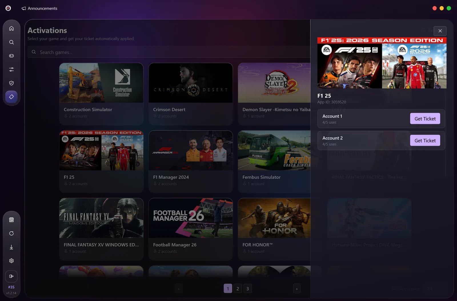 Atlas Tools Activations page with the accounts panel and Get Ticket buttons
